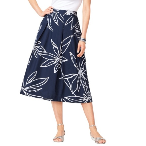 RSVP Talbots Navy Blue Silver FLORAL PLEATED FULL SKIRT MIDI Size 2 - Picture 1 of 9